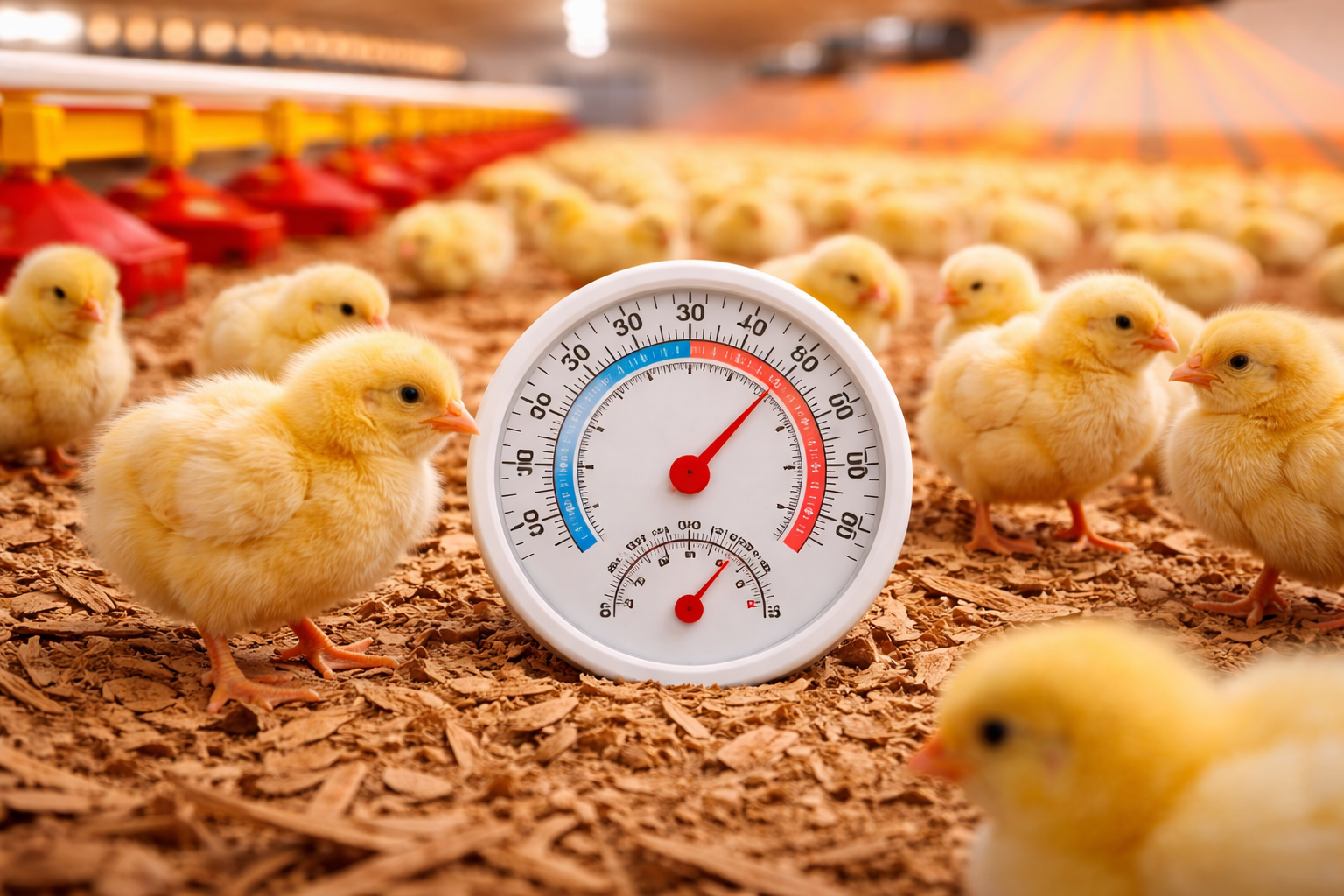 Civcivler için ideal kümes sıcaklığı altında homojen ısı dağılımı sağlanan tavuk çiftliği