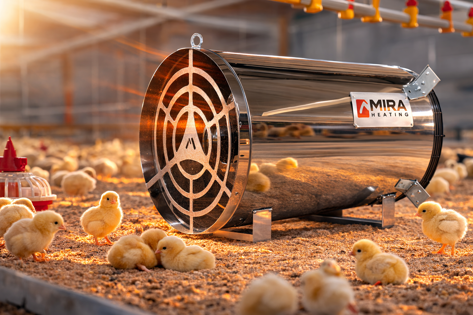 forced air poultry heating system providing warmth to broiler chicks in a modern poultry house